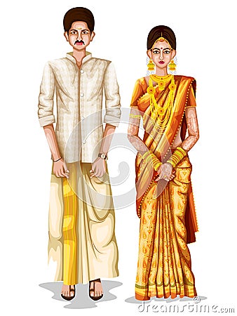 Keralite wedding couple in traditional costume of Kerala, India Vector Illustration