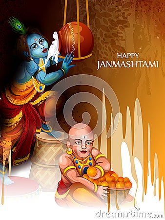 Lord Krishna eating makhan cream on Happy Janmashtami holiday Indian festival greeting background Vector Illustration