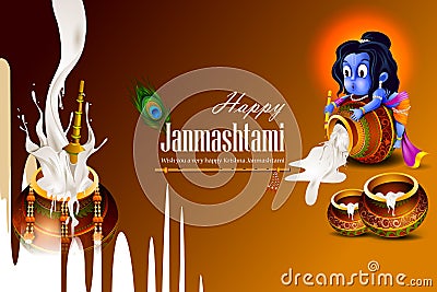 Lord Krishna eating makhan cream on Happy Janmashtami holiday Indian festival greeting background Vector Illustration