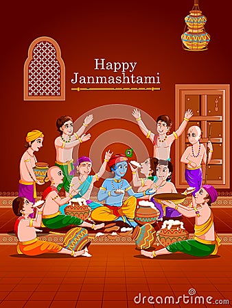 Lord Krishna eating makhan cream on Happy Janmashtami holiday Indian festival greeting background Vector Illustration