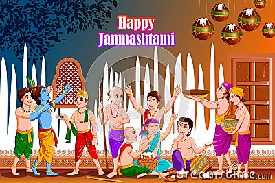 Lord Krishna eating makhan cream on Happy Janmashtami holiday Indian festival greeting background Vector Illustration