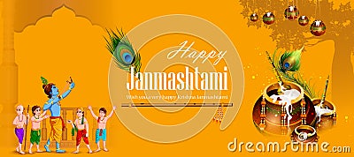 Lord Krishna eating makhan cream on Happy Janmashtami holiday Indian festival greeting background Vector Illustration