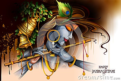 Lord Krishna playing flute on Happy Janmashtami holiday Indian festival greeting background Vector Illustration