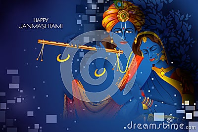 Lord Krishna and Radha playing flute on Happy Janmashtami holiday Indian festival background Vector Illustration