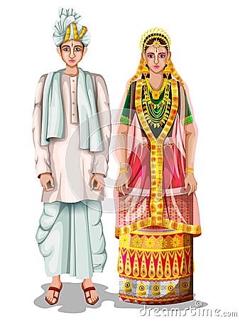 Manipuri wedding couple in traditional costume of Manipur, India Vector Illustration