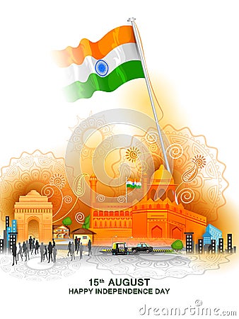 Monument and Landmark of India on Indian Independence Day celebration background Vector Illustration