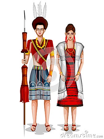 Naga wedding couple in traditional costume of Nagaland, India Vector Illustration