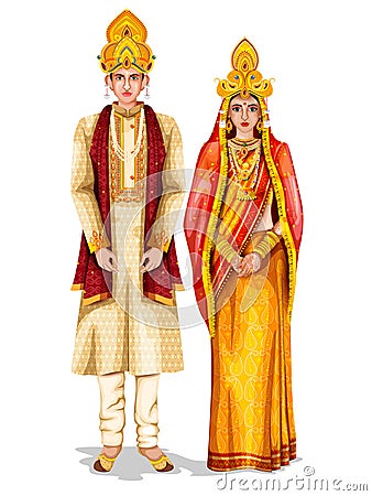 Odia wedding couple in traditional costume of Odisha, India Vector Illustration