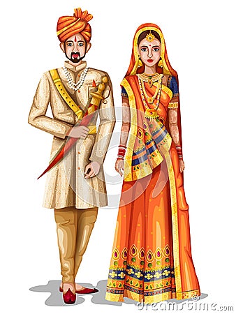 Rajasthani wedding couple in traditional costume of Rajasthan, India Vector Illustration