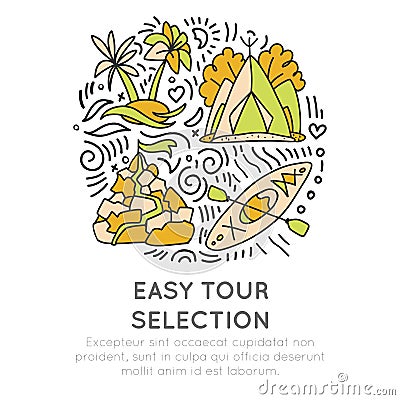 Easy travelling tour selection hand draw cartoon icon concept. Traveling icons in round circle with decorative elements Vector Illustration