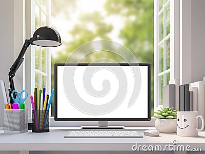 Easy white working desk with blank computer monitor screen 3d rendering image Stock Photo