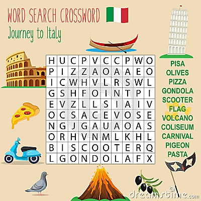 Easy word search crossword puzzle `Journey to Italy` Vector Illustration