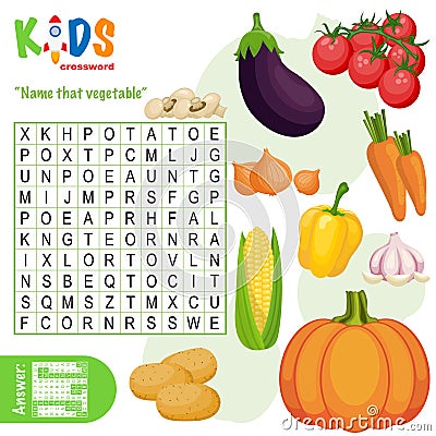 Easy word search crossword puzzle `Name that vegetable` Vector Illustration