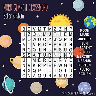 Easy word search crossword puzzle `Solar system` Vector Illustration