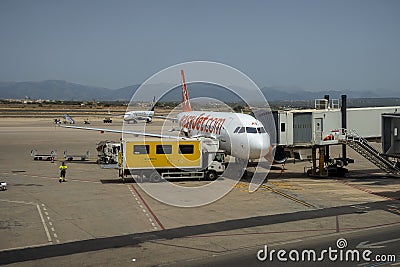 An Easyjet aircraft connected to an airbridge at Palma de Mallorca airport Editorial Stock Photo