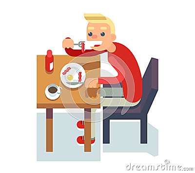 Eat breakfast coffee table chair guy fried eggs Isolated Icon Flat Design Character Vector Illustration Vector Illustration