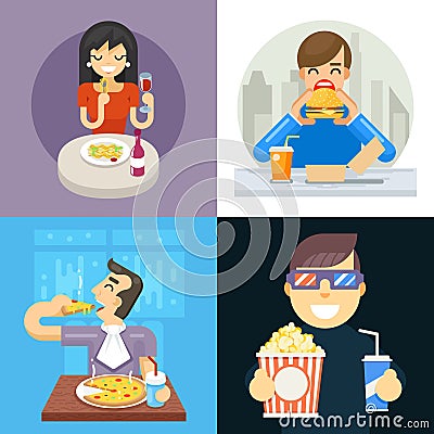 Eat food italian asta pizza spaghetti noodles popcorn hamburger dinner wine soda vine symbol icon concept Isolated flat Vector Illustration