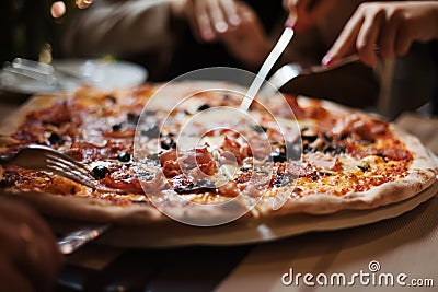 Eat meat pizza with friends Stock Photo