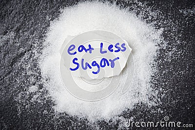 eat less sugar for health concept Heap of white sugar on dark background Stock Photo