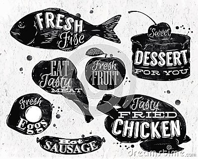 Eat symbol vintage lettering eggs, apple, chicken Vector Illustration