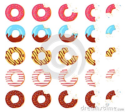 Eaten donut. Bitten chocolate donuts, pink icing with sprinkles top view. Animation stages of eating glazed doughnut Vector Illustration