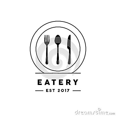 Eatery restaurant logo with knife, fork, spoon and plate icon. Vector Illustration