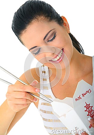 Eating Chinese Food With Chopstick Stock Photo