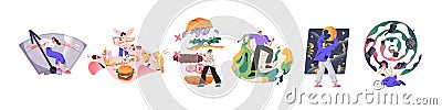 Eating disorder concept set. Sad people have wrong nutrition, psychological problems, overeating and obesity, eat fast Vector Illustration