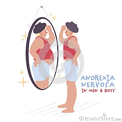 Eating disorder in men and boys. Anorexia nervosa. Vector Illustration