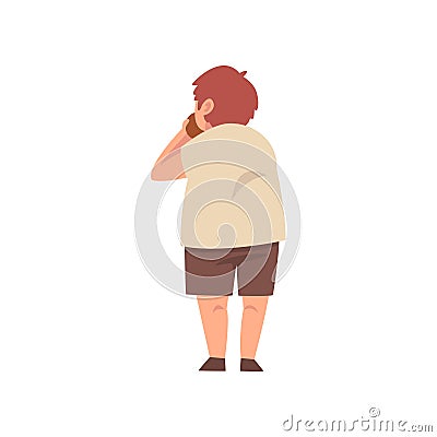 Eating Fat Boy, View from Behind, Cute Overweight Child Character Vector Illustration Vector Illustration