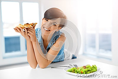 Eating Italian Food. Woman Eating Pizza. Fast Food Nutrition. Li Stock Photo