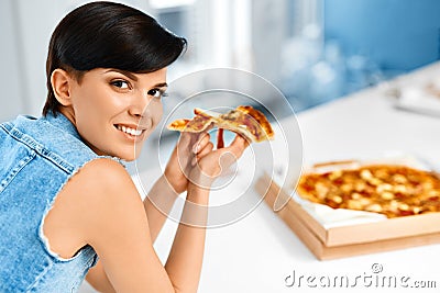 Eating Italian Food. Woman Eating Pizza. Fast Food Nutrition. Li Stock Photo