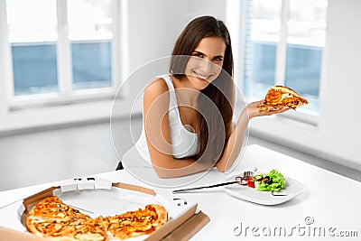 Eating Italian Food. Woman Eating Pizza. Fast Food Nutrition. Li Stock Photo