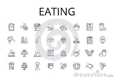Eating line icons collection. Drinking, Feasting, Devouring, Noshing, Munching, Chomping, Grazing vector and linear Vector Illustration