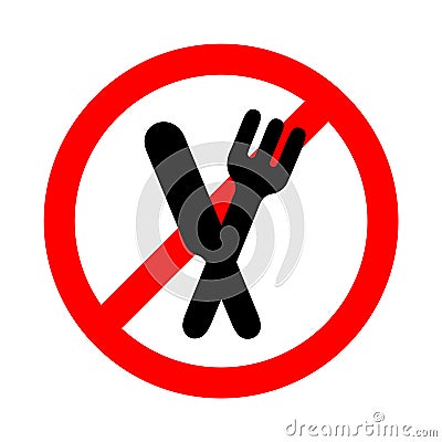 Eating not allowed, food forbidden sign with fork and knife on white background Vector Illustration