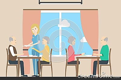 Eating at nursing home. Vector Illustration