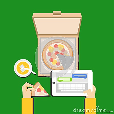 Eating pizza and chatting illustration concept. Flat design. Vector Illustration