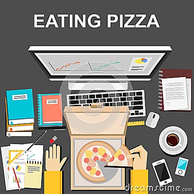 Eating pizza when working or studying illustration concept. Flat design. Vector Illustration