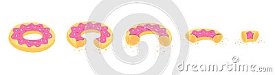 Eating stages a donut. Bit size off a piece. Pink cream. Delicious dessert. Isometric view. Freehand vector sketch Vector Illustration