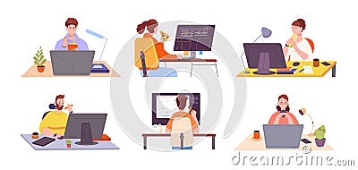 Eating at workplace. Woman eat appetited home food, business man at computer with snack, remote worker consumes burger Vector Illustration