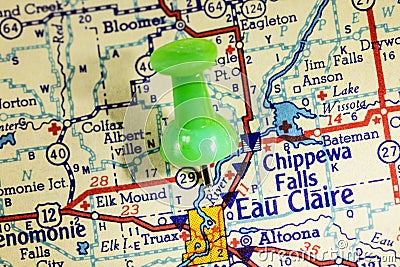 Eau Claire Wisconsin Chippewa Falls closeup faded road map Stock Photo