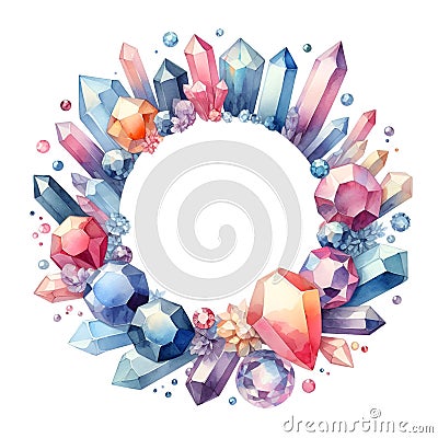eautiful colorful crystal gem round frame wealth symbol watercolor paint Stock Photo