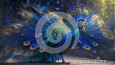 eautiful glowing Peacock with shinning feathers flying in the air Stock Photo