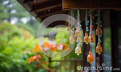 eaves of house hanging wind chimes Stock Photo