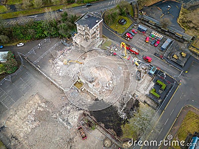 EBBW VALE, WALES - FEBRUARY 03 2023: Aerial view of the demolition of the old council offices in the centre of the town as part of Editorial Stock Photo