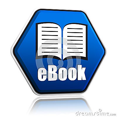 Ebook and book sign in blue hexagon banner Stock Photo