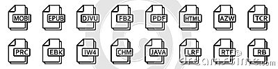 Ebook file format icons. Various ebook formats files. Vector line icons Vector Illustration