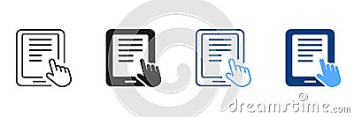 Ebook With Mouse Pointer Silhouette and Line Icon Set. Electronic Book Device for Education and Learning. E-Book Reader Vector Illustration