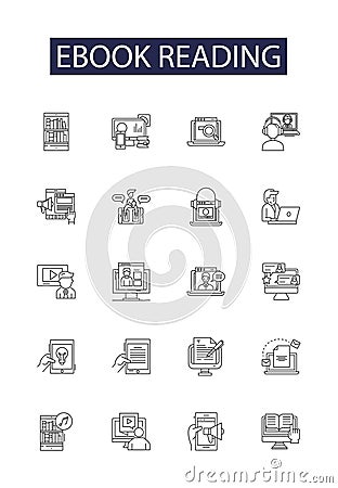 Ebook reading line vector icons and signs. reading, novel, story, digital, kindle, pdf, epub, fiction outline vector Vector Illustration