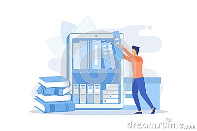 Ebooks collection. Library archive, e reading, literature. Male cartoon character loading books in ereader. Man putting novels in Vector Illustration